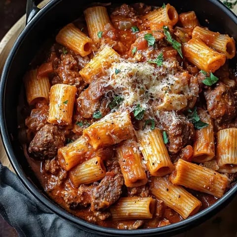 Plat de pâtes rigatoni à la viande, garni de sauce tomate, fromage râpé et herbes fraîches.