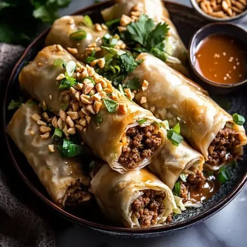 Des rouleaux de printemps farcis de viande hachée, garnis de cacahuètes et d'herbes, servies avec une sauce.