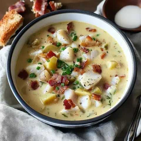 Un bol de soupe crémeuse contenant des morceaux de pommes de terre, de bacon croustillant et des herbes fraîches, accompagné de pain grillé.