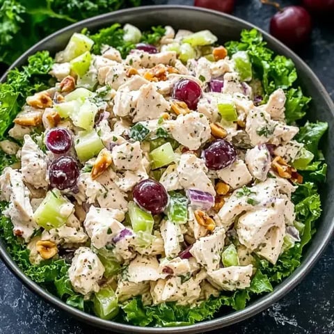 Une salade de poulet composée de morceaux de poulet, de céleri, de raisins, d'oignons rouges et de noix, servie sur un lit de laitue.