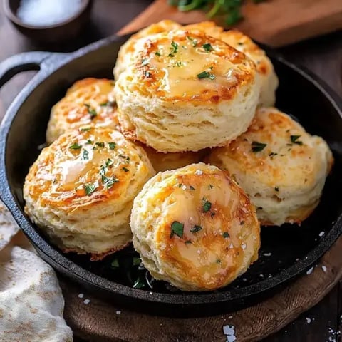 Des biscuits dorés, garnis de beurre et parsemés de persil, sont présentés dans une poêle en fonte.