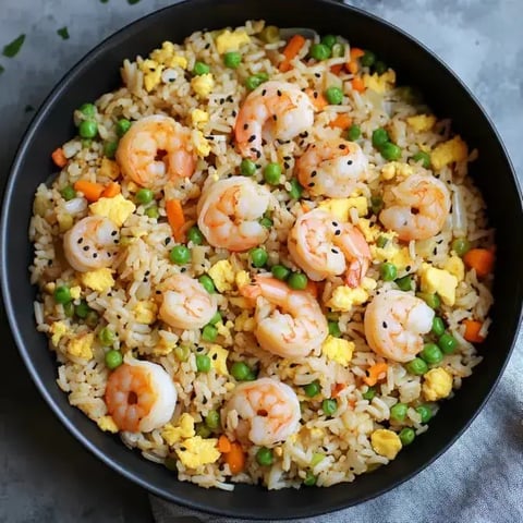 Bol de riz frit aux crevettes agrémenté de petits pois, carottes, œufs brouillés et assaisonné de graines noires.