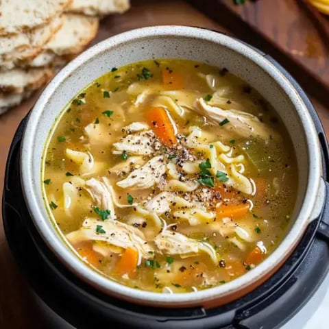 Une soupière remplie de soupe au poulet avec des nouilles, des carottes et parsemée de persil, accompagnée de pain en arrière-plan.