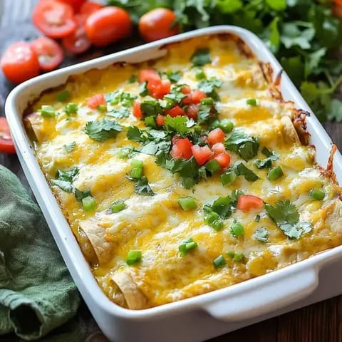 Plat d'enchiladas au fromage recouvert de tomates en dés, de coriandre et de poivrons verts, avec des tomates cerises en arrière-plan.