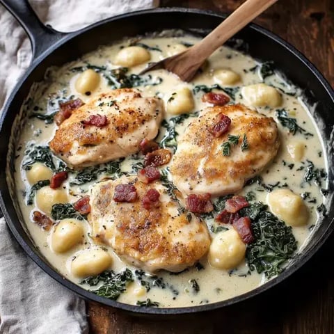 Un plat de poulet rôti, accompagné de gnocchis, de légumes à feuilles et de morceaux de bacon dans une sauce crémeuse.