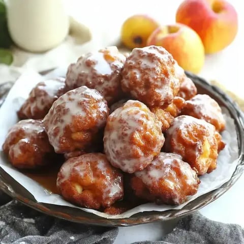 Une assiette de beignets aux pommes glacés, garnis de sucre, avec des pommes fraîches en arrière-plan.