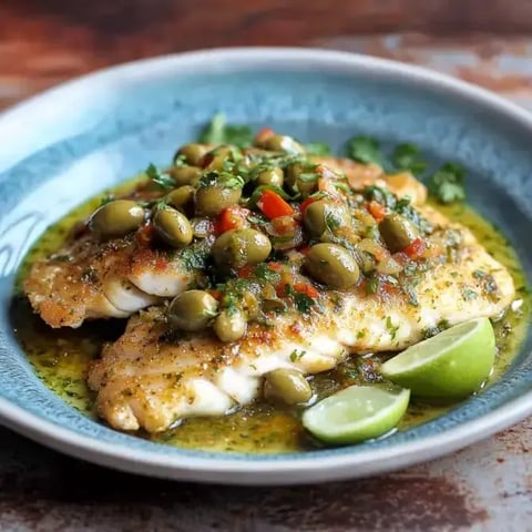 Un plat de poisson grillé nappé de sauce aux olives, tomates et coriandre, accompagné de quartiers de citron vert.