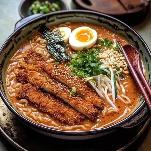 Un bol de ramen garni de morceaux de poulet pané croustillant, œufs mollets, algues, oignons verts, pousses de soja et cacahuètes.