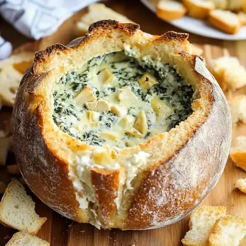 Un pain creusé rempli d'un mélange crémeux d'épinards et de fromage, accompagné de morceaux de pain croustillant.