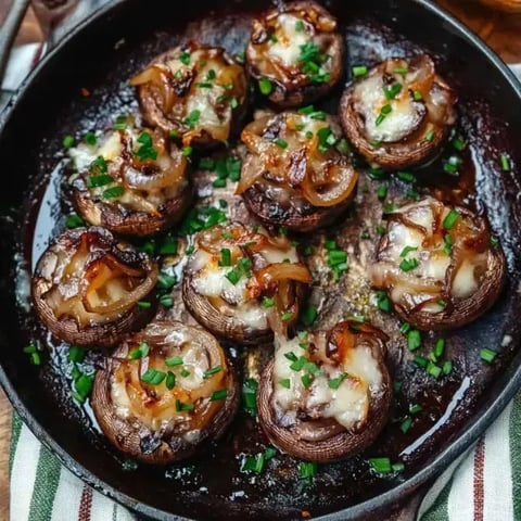 Champignons farcis au fromage et aux oignons caramélisés, garnis de ciboulette, dans une poêle.