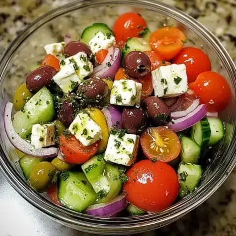 Une salade colorée composée de tomates cerises, concombre, olives, oignons rouges et fromage feta, le tout assaisonné d'herbes.