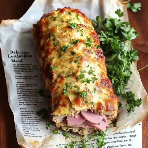 Un cordon bleu doré et garni de persil, servi sur un papier cuisson avec des feuilles de coriandre à côté.