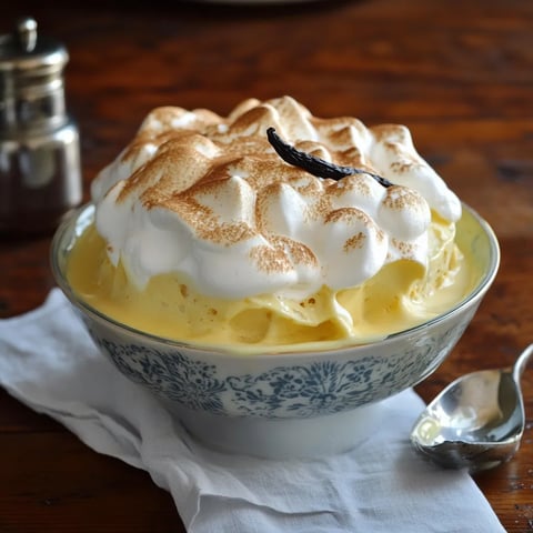 dessert classique français associant des blancs en neige moelleux et une crème anglaise à la vanille onctueuse