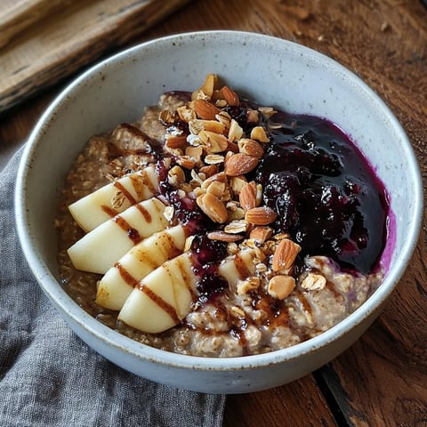 porridge gourmand aux fruits d'hiver, enrichi de beurre d'amande et confiture