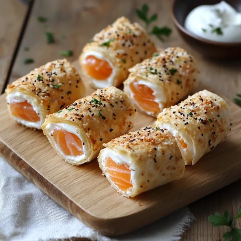 roulés de pain de mie au saumon fumé, croustillants à l'extérieur et moelleux à l'intérieur.