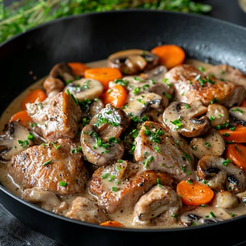 poêlée de porc crémeuse aux champignons et carottes