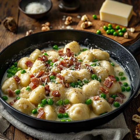 gnocchis dorés accompagnés de petits pois et lardons