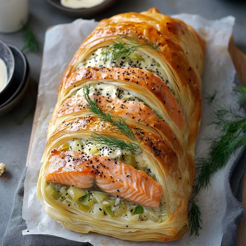 euilleté tressé au saumon et poireaux, un plat élégant et savoureux