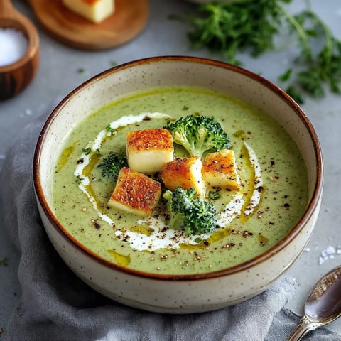 Soupe crémeuse de brocoli rôti à l'aneth et halloumi