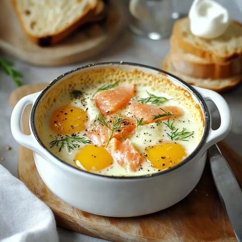 Oeufs cocotte crémeux au saumon fumé et à l'aneth