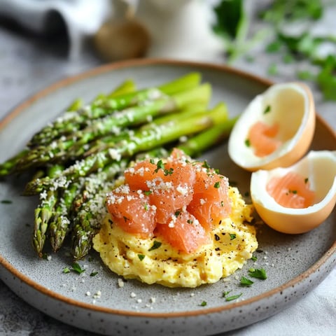 Oeufs brouillés au saumon et asperges grillées au parmesan