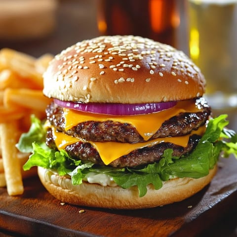 burger au cheddar maison avec ses pickles d'oignons rouges et sa sauce spéciale