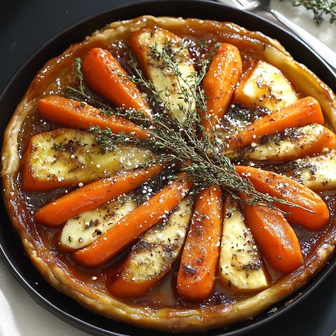 tarte tatin salée aux légumes d'hiver : panais, carottes et échalotes caramélisé