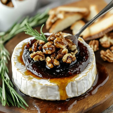 brie rôti crémeux et fondant, nappé de confiture de figues et de noix croquantes