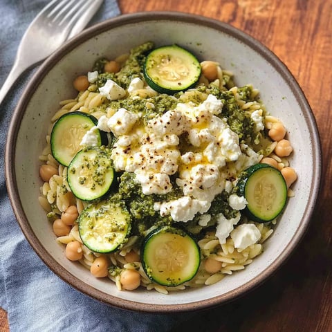 recette fraîche d'orzo aux courgettes rôties, pois chiches croustillants et crème de feta au pesto