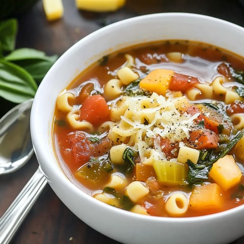 soupe minestrone végétarienne généreuse, remplie de légumes frais et de pâtes