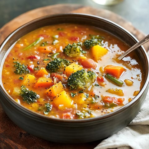 soupe épicée et réconfortante aux légumes de saison, lentilles rouges et lait de coco.