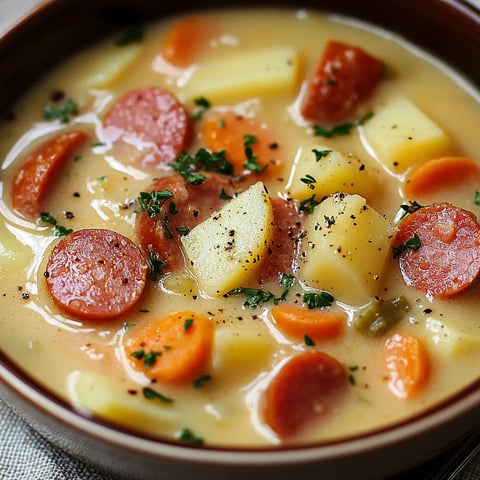 soupe généreuse et réconfortante aux pommes de terre, kielbasa et fromage.