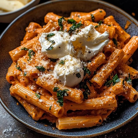 Pâtes à la vodka avec burrata fondante et pesto
