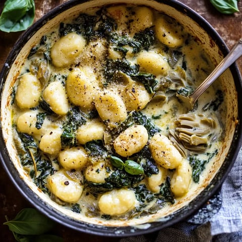 Gnocchi crémeux au pesto, épinards et artichauts
