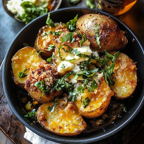 Pommes de terre ecrasees sauce creme oignon et herbes
