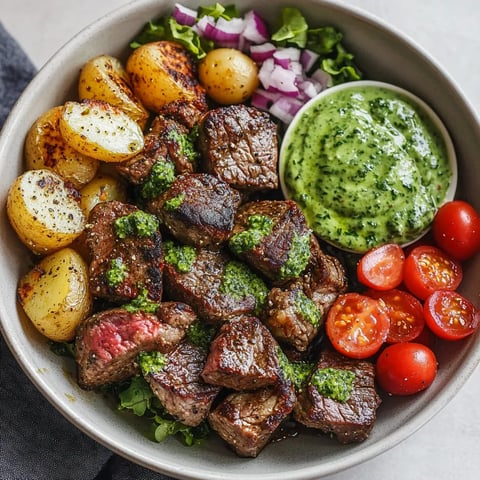 Steak ribeye cuites a la friteuse a air accompagnées de pommes de terre et  sauce verte fraiche