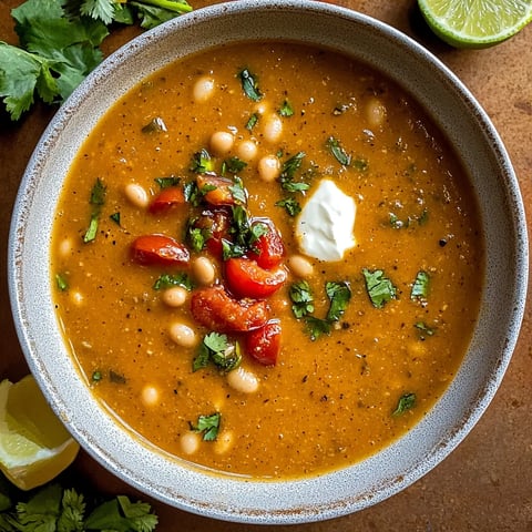Soupe mexicaine crémeuse aux haricots pinto, tomates rôties et épices. Rapide, facile