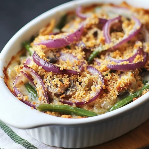 Gratin de haricots verts, préparée avec des ingrédients frais, une sauce aux champignons maison et des oignons