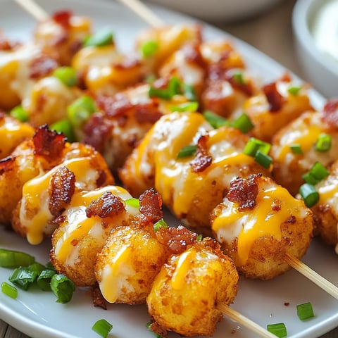 Brochettes de pommes de terre croustillantes garnies de fromage fondu, bacon croustillant et oignons verts