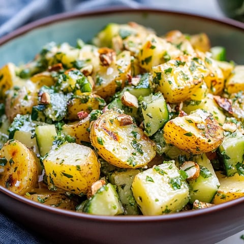 Délicieuse salade de pommes de terre rôties aux herbes fraîches, pistaches croquantes et sauce maison crémeuse