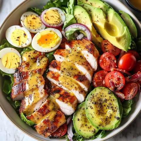 Délicieuse salade Cobb au poulet grillé, bacon croustillant, œufs et avocat avec une vinaigrette miel-moutarde