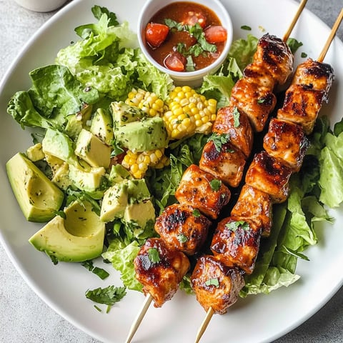 Délicieuse salade d'été avec brochettes de poulet BBQ, maïs grillé, avocat et sauce ranch