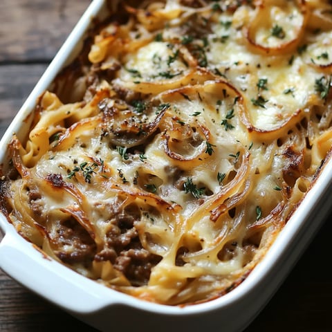 Gratin de bœuf haché aux oignons caramélisés, inspiré de la soupe à l'oignon française.
