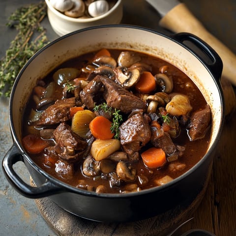 bœuf bourguignon par Julia Child, avec une viande fondante mijotée dans une riche sauce au vin rouge