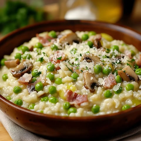 Risotto aux petits pois, champignons et lardons