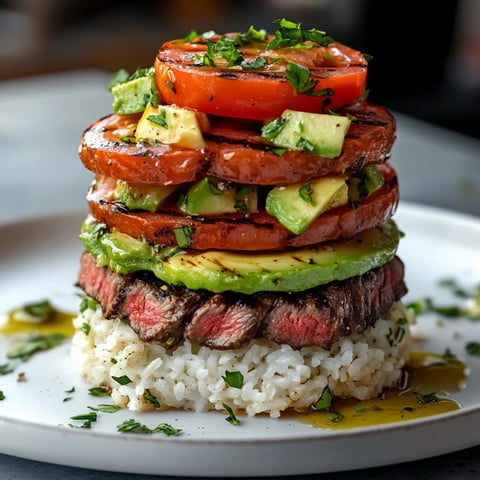 Tour de riz au bœuf grillé, tomate et avocat - Plat élégant et savoureux