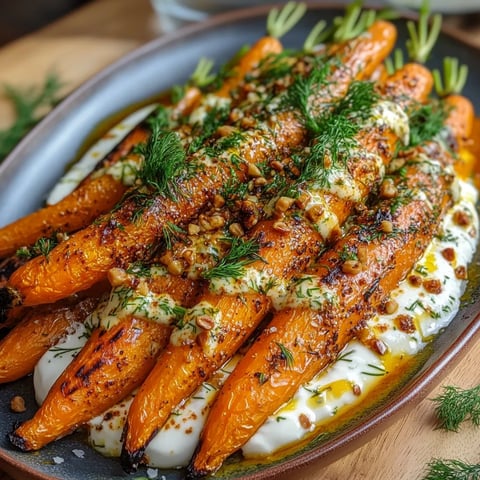 Carottes rôties, yaourt aux herbes, harissa et beurre aux pignons