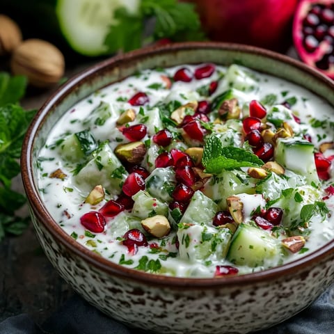 Salade de concombre au yaourt, grenade, pistaches et menthe