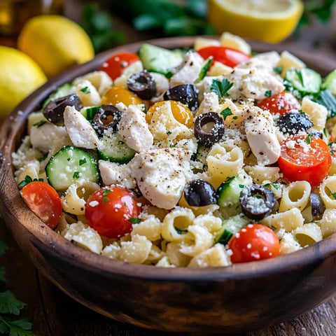 Salade de pâtes au poulet, tomates et concombre, sauce César