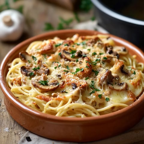 Gratin de pâtes aux champignons et poulet